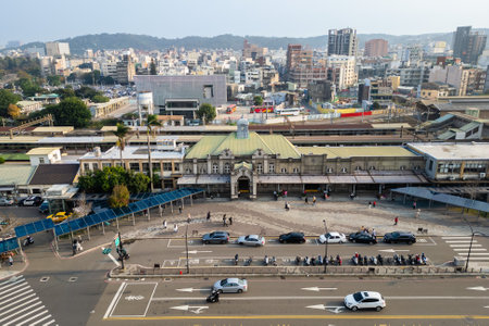Aerial view of hsinchu city in front of the Hsinchu Station in Taiwanの写真素材