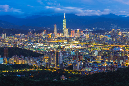 Scenery of Xinyi District of Taipei City in Taiwan at nightの写真素材