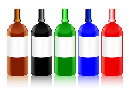Set of shiny glass bottles with blank labels in different colors, with the shape resembling that of chemical or medicine bottles
の写真素材