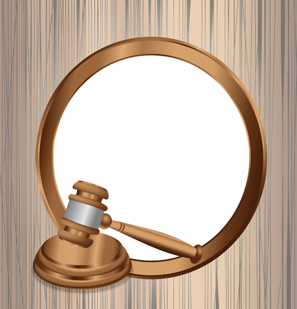 A round wooden frame with blank copy space and a judge mallet hammer in one corner
の写真素材