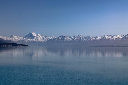 Lake Pukaki in the morning, New Zealand. With the Southern Alps in the distance