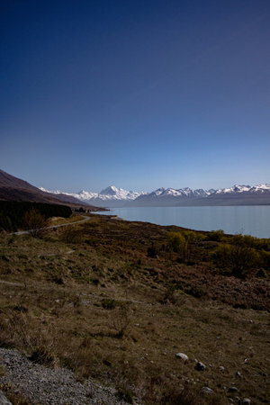 Lake Pukaki in the morning, New Zealand. With the Southern Alps in the distanceの写真素材