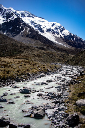 The Hooker Valley walk, in Mount Cook National Park, New Zealand. Springtime hike.の写真素材