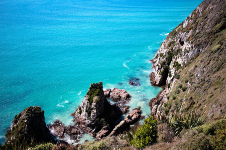 Nugget Point cliff side, Catlins, New Zealand. Looking down from the track.