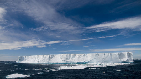 Antarctic tabular iceberg with blue sky