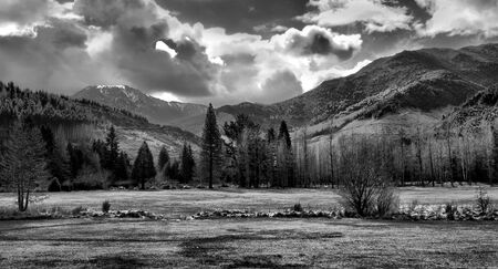 Panoramic view of a mountain range in New Zealand, in black and white. High dynamic range image.の写真素材