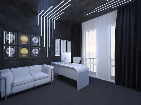 3D render of interior design of an office fate of the guitarist