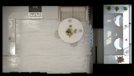 3d render of a kitchen in beige tones with brown acence