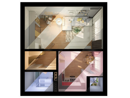 3D render of interior design studio apartment in a modern minimalist style. The illustration shows...