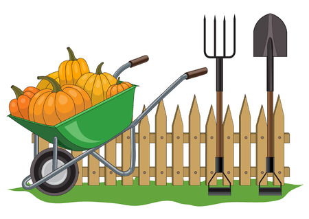 Vector illustration of the composition of the garden fence, wheelbarrow with yellow pumpkins, pitchfork and shovelのイラスト素材