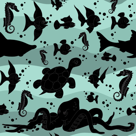 Vector illustration of sea waves with sea life. Seamless repeating pattern.のイラスト素材