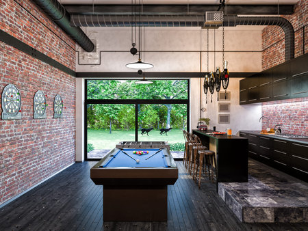 3d illustration of interior design loft style kitchen and livingroom. The concept of commercial...