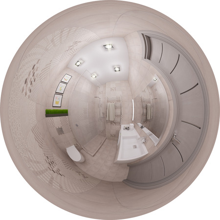 3d illustration spherical 360 degrees, seamless panorama of  bathroom interior design. Modern studio apartment in the Scandinavian minimalist styleの写真素材