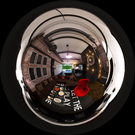 3d illustration spherical 360 degrees, seamless panorama of interior design in loft style.