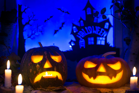 Halloween pumpkin. Halloween pumpkin and autumn leaves. Halloween pumpkin lantern.Halloween pumpkin face. Orange halloween pumpkin. Halloween pumpkin and candles.の写真素材