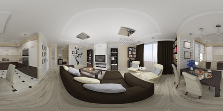 3d illustration spherical 360 degrees, seamless panorama of living room and kitchen interior design.の写真素材