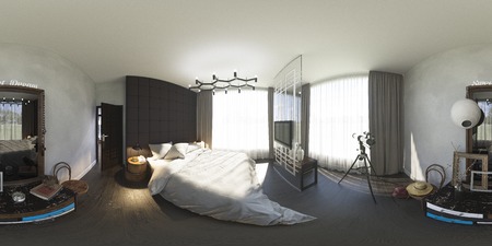 3d illustration 360 degrees panorama of bedroomの写真素材