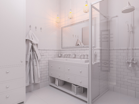3d illustration of a design bathroom interior in classic Scandinavian style. Visualization of a bathroom without textures and materials in gray tonesの写真素材