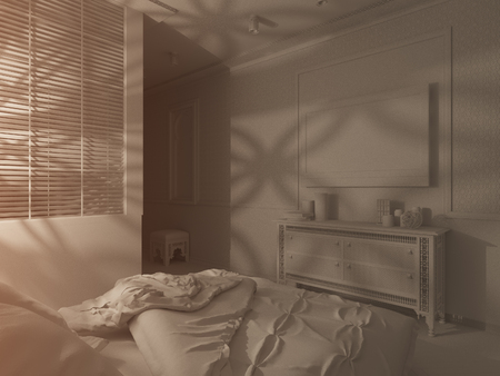 3d illustration bedroom interior design of a hotel room in a traditional Islamic style. Deluxe room background interior view decorated with arabian motifs. Night render scene in white without texturesの写真素材