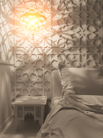 3d illustration bedroom interior design of a hotel room in a traditional Islamic style. Deluxe room background interior view decorated with arabian motifs. Night render scene in white without texturesの写真素材