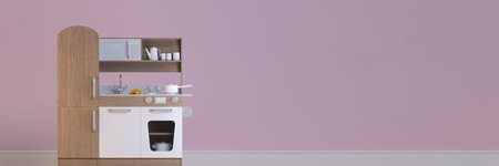 Panorama children kitchen design interior for cooking pretend play set with accessories. 3d illustration kids kitchen smart playset. Render imageの写真素材