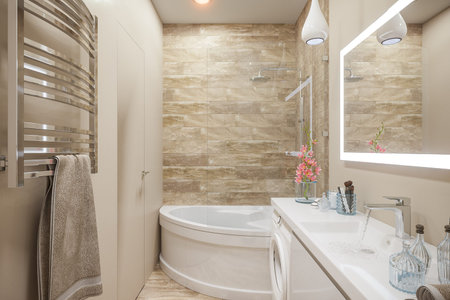 3d illustration of the interior of the bathroom in a modern style with a corner bath. Render...