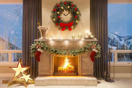 3d illustration of a Christmas interior with a fireplace and gifts. An image for a postcard or a poster. Interior design in classical architectural style. Merry Christmas and New Year 2018の写真素材