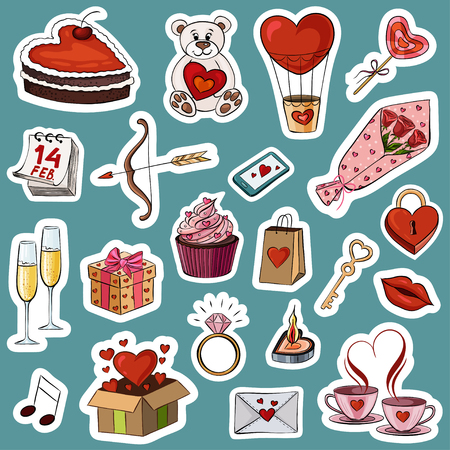 Vector illustration of a big collection of stickers for the holiday of Saint Valentine. Festive image to the day of all loversのイラスト素材
