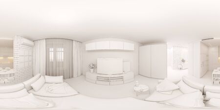 3d illustration spherical 360 degrees, seamless panorama interior of the living room, hall and kitchen. The interior design of the euro is a two room apartment in a Scandinavian style.の写真素材
