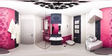 Seamless panoramic 360 degrees for a virtual tour. 3d illustration of a bright bathroom in an Art Deco style apartment.の写真素材
