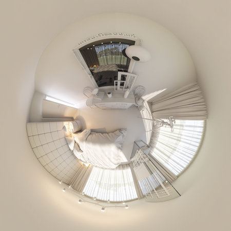 3d illustration spherical 360 degrees, seamless panorama of bedroom interior design. The bedroom is...