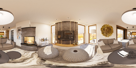 Privat house in modern style. 3d illustration spherical 360 degrees, seamless panorama of living room and kitchen interior design. Rendered pictureの写真素材