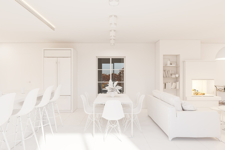 Kitchen interior design in white color. Modern studio apartment in the Scandinavian minimalist style. 3d illustration. 3d render hygge interiorの写真素材