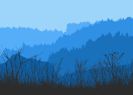 Vector illustration of a forest panorama. Silhouette of spruce and pine. Landscape of coniferous trees. Detailed forest backgroundのイラスト素材