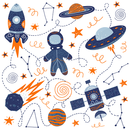Hand drawing for a poster on the theme of space. The Milky Way, galaxy, rocket, ufo, astronaut, space satellite and stars. Vector illustration for t-shirt, greeting card or hoodies.のイラスト素材