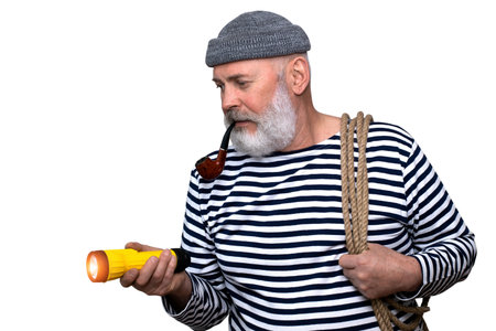 Photo portrait of a cheerful sailor with his pipe, holding a rope. A man with a gray beard, wearing...
