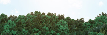 3d illustration of forest seamless panorama. Hilly forest outdoor render.の写真素材
