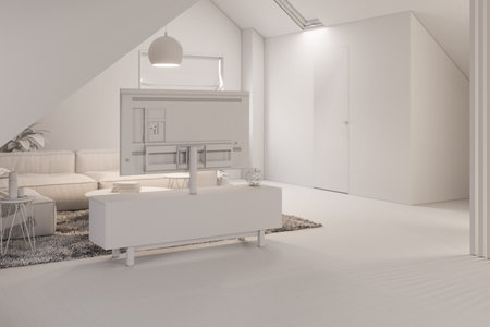 The interior design of the attic floor of a private cottage. 3d render of the interior in the...