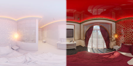 3d illustration spherical 360 degrees, seamless panorama of bedroom hotel room in a traditional...