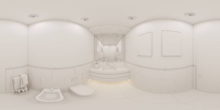 3D render spherical 360 degrees seamless panorama interior of the bathroom in a private cottage. Toilet interior design illustration in traditional modern american style. Ambient occlusion styleの写真素材