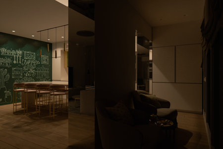 3D illustration of a kitchen recreation zone with night lighting. Kitchen interior design in a...