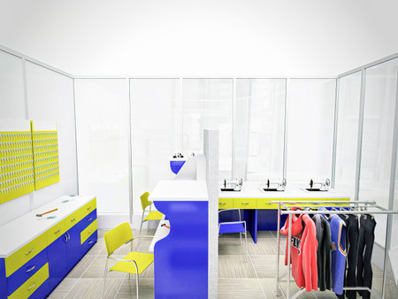 3D rendering of the interior design of a workshop for repairing shoes, clothes and making keys. 3d illustration conceptの写真素材