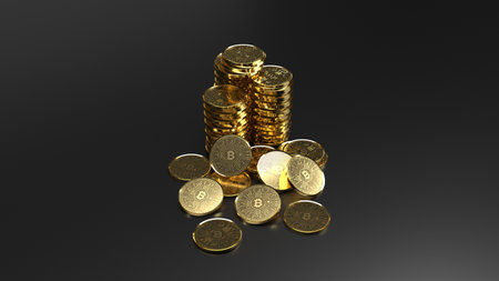 Bitcoins stack shine on dark backgroundの写真素材