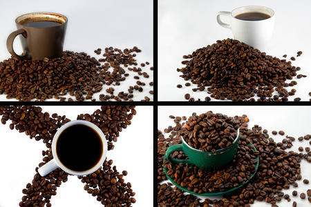Set of four shots of coffee cup and beans.の写真素材