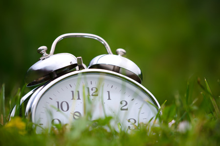 Old metal alarm clock among grass and flowers.の写真素材