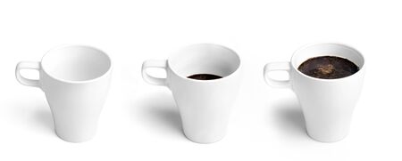 Three cups of coffee, empty, semifull and full one, isolated on white background.の写真素材