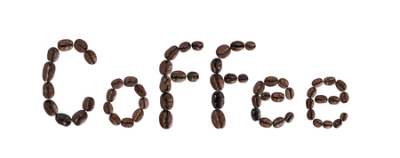 Word coffee made of coffee beans isolated on whtie background.の写真素材