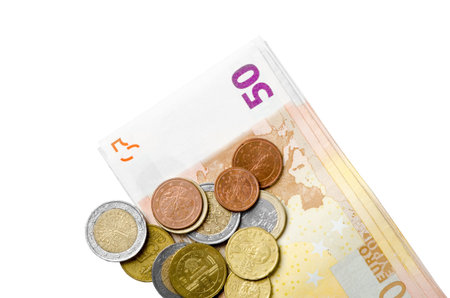 Euro coins and bill as a investment business concept isolated on white background.