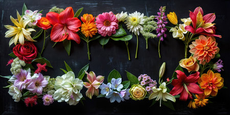 Multicolor Flowers Forming Frame with Empty Space on Black Background in Spring
