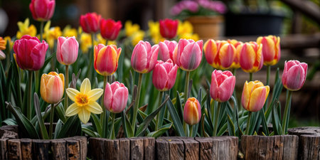 Multicolored Tulips in Spring Garden - Vibrant Flower Bed with Rustic Wooden Border and Natural...